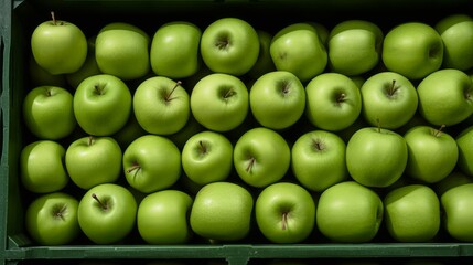 Poster - A box packed with crisp green apples, close-up realistic photo Generative AI