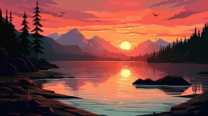 Poster - Generative AI A breathtaking sunset over a calm lake with mountains in the background.