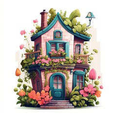 Poster - Generative AI A fairytale abode featuring a vibrant rooftop garden and quaint window boxes.