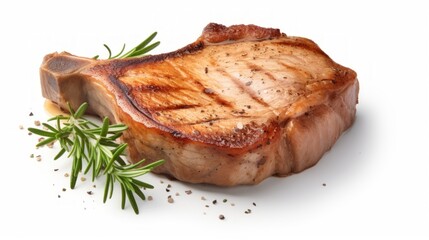 Wall Mural - A juicy pork chop showcased in a close-up realistic photo against a white background Generative AI