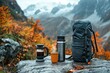 Traveler's coffee kit with a portable grinder and cup set against a breathtaking mountainous sunset backdrop.