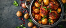 A Top-down View Of A Gray Ceramic Pot Filled With A Mixture Of Potatoes And Pomegranates, Ready To Be Roasted. The Ingredients Are Neatly Arranged And Look Fresh.
