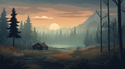 Poster - Generative AI A serene, mist-covered forest with a wooden cabin.