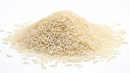 Poster - A small heap of rice grains captured in a close-up realistic photo against a white background Generative AI