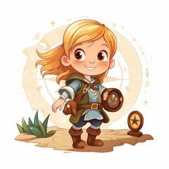 Aufkleber - Generative AI A small fairy tale adventurer with a map and compass, on a quest for treasures.