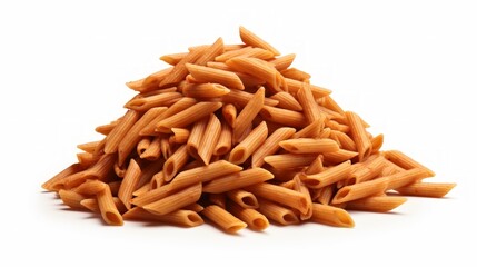Poster - A small mound of penne rigate pasta captured in a close-up realistic photo against a white background Generative AI