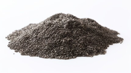 Poster - A small pile of chia seeds showcased in a close-up realistic photo against a white background Generative AI