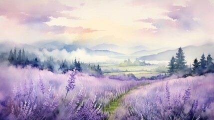 Poster - Generative AI A tranquil, misty morning in a lavender field. landscape watercolor