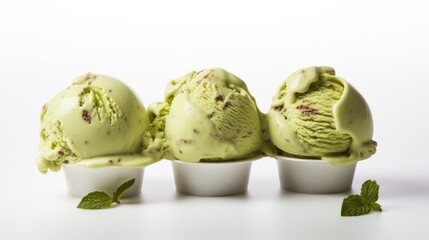 Poster - A trio of pistachio ice cream scoops captured in a close-up realistic photo against a white background Generative AI