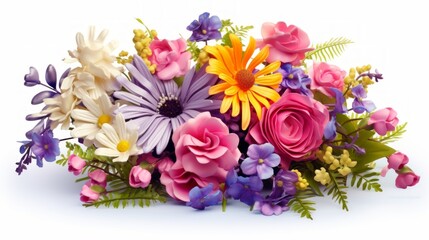 Poster - Generative AI A vibrant bouquet of assorted flowers arranged elegantly on a white background, with ample space for personalized messages or text.