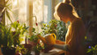 Jovem mulher cuidando de plantas em um parapeito ensolarado com luz natural suave ao fundo