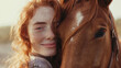Happy and Stylish Young Woman with Long Red Hair and Freckles Enjoying a Moment with a Horse, Close-Up Shot