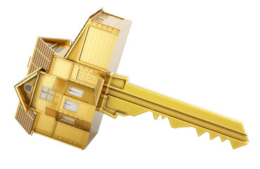 Poster - Golden Home Key, 3D rendering isolated on transparent background