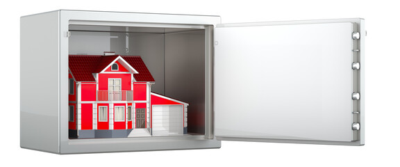 Poster - House security and protection, concept. Home inside safe box, 3D rendering isolated on transparent background