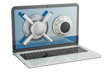 Poster - Laptop computer with safe combination lock, 3D rendering isolated on transparent background