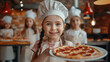 Little girl wearing a chef uniform holding a plate with Italian pizza smiling looking at camera, pizza cooking class, workshop for children in pizzeria restaurant