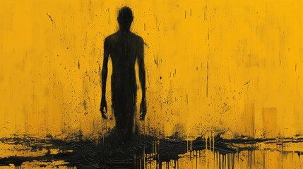  a painting of a man standing in front of a yellow wall with black paint splattered on the wall and in the foreground is a puddle of water.