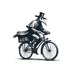 Canvas Print - The plague doctor ride a bicycle. Black white vector illustration.