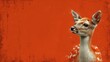 a deer is standing in front of a red wall with a white spot on it's head and a black spot on the back of it's head.