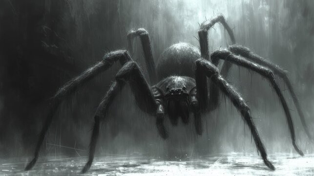 a black and white photo of a giant spider in the rain with a skull on its back and a skull on its he