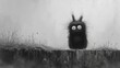  a black and white photo of a monster on a fence with eyes wide open and hair blowing in the wind, with a foggy background of tall grass and a wall.
