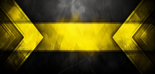 Wall Mural - Sharp yellow and black geometric chevrons with a banner in a contrasting abstract pattern.