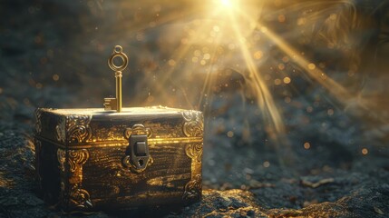 a golden key unlocking a treasure chest under a beam of light, representing the unlocking of potenti