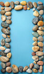 Poster - Array of multicoloured round pebbles arranged in a frame on a blue background.