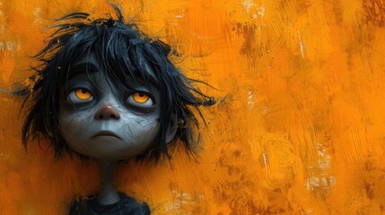 Wall Mural -  a doll with black hair and orange eyes stands against a yellow wall with a grungy look on it's face and looks like it's head.