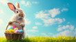 Cute rabbit holding a basket with colorful Easter eggs among green grass, copy space on the right for your text