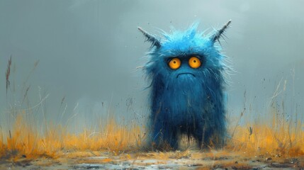  a painting of a blue monster standing in a field of tall grass with yellow eyes and horns on it's head, with grass in the foreground and a gray sky in the background.