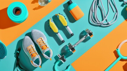 Wall Mural - A flat lay image on a colored background features fitness equipment including sneakers, a dumbbell, a jump rope, and a bottle of water