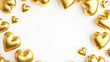 Shiny golden 3D hearts forming a frame on a white background with copy space for your text