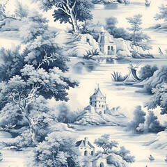 	
Toile de jouy pattern with countryside views with castles and houses and landscapes with trees, river and bridges with road in blue color