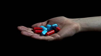 Wall Mural - Red and blue pills held in a hand, isolated on a black background