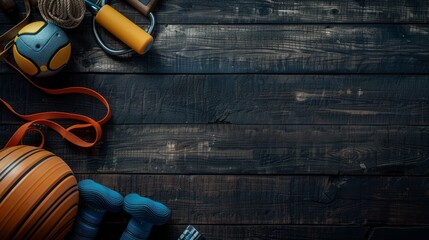 Wall Mural - Sport and fitness items arranged on a dark wooden background, leaving space for text or other content