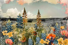 A Collage With A B&W Photo Of Texas Wildflowers, Like Bluebonnets, Enhanced By Lively Greens And Blues To Showcase The State's Floral Diversity.

