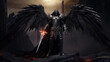 Dark Angel stands on the earthly realm. AI Generative.