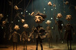 Marionettes with strings of stardust come to life in a cosmic puppetry, symbolizing the dance of fate and the interdependence between the puppet and the puppeteer. AI Generative.