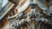 Close-up Of The Intricate Carvings On A Corinthian Column Of A Classical Architecture Structure.