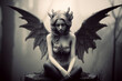 Sepia toned tintype portrait of a succubus wailing in sorrow, eyes closed with sadness looking down defeated, damaged wings spread wide open in a foggy forest with dead trees.