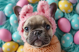 Fototapeta  - Cute French Bulldog dog with soft pink Easter bunny ears and wearing a knitted sweater against a background of painted Easter eggs. Happy Easter concept
