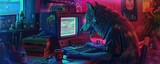 Fototapeta Konie - A werewolf in a cloak of invisibility hacks into a retro computer using magic, surrounded by potions and old tech