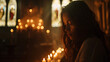 Mulher acendendo velas em um altar religioso sob luz natural suave