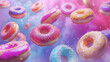 Colorful sprinkled donuts flying in bright pink and blue sky