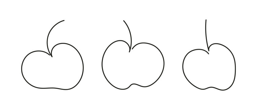 Continuous one line drawing of three apple. Whole fruit. Healthy dessert. Line art. Isolated on white backdrop. Design element for print, greeting, postcard, scrapbooking, coloring book. Set
