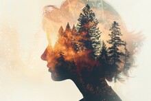 A Silhouette Of A Person's Profile Overlaid With A Forest Landscape In A Double Exposure