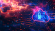 Dynamic cloud security hologram with cyberspace symbols in blue purple colors