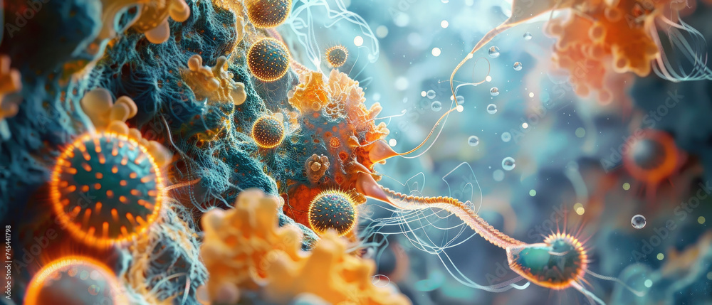 Microscopic view inside cell, banner with abstract background of ...