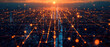 © scaliger - Network in smart city at sunset, aerial view of cityscape and communication lines, abstract energy lights of modern buildings. Concept of connect, iot, future, technology, background.